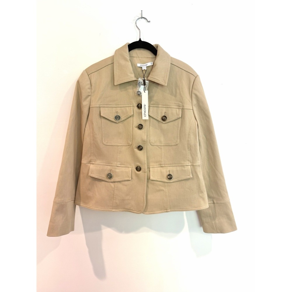 Chicos Twill Utility Jacket Safari Field Coat NWT Beige S .5 / US 6 Cotton Blend